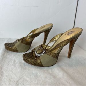 Pelle Moda Peep Toe Open Back Gold Tone Faux Snake Leather Heels